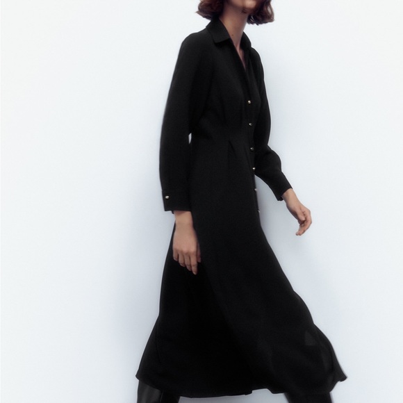 Zara Pleated Flowy Midi Shirt Dress With Golden Buttons - 8621/731 - Picture 5 of 10